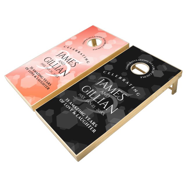 Elegant 35th Coral Wedding Anniversary Celebration Cornhole Set (Angled)
