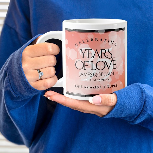 Elegant 35th Coral Wedding Anniversary Celebration Giant Coffee Mug (35th wedding anniversary jumbo mug held by woman sporting a wedding ring and blue sweatshirt.)