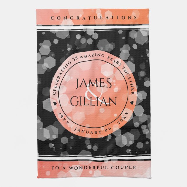 Elegant 35th Coral Wedding Anniversary Celebration Kitchen Towel (Vertical)