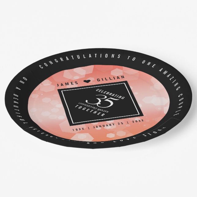 Elegant 35th Coral Wedding Anniversary Celebration Paper Plates (Angled)