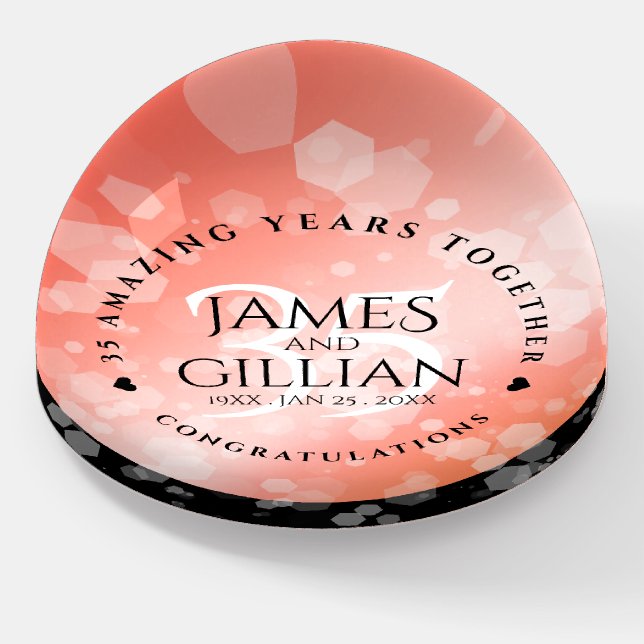 Elegant 35th Coral Wedding Anniversary Celebration Paperweight (Angled)