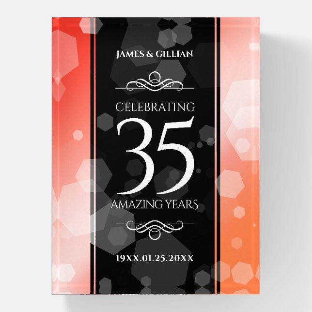 Elegant 35th Coral Wedding Anniversary Celebration Paperweight (Vertical)