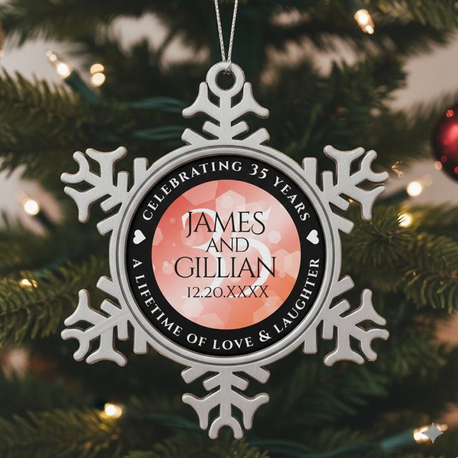 Elegant 35th Coral Wedding Anniversary Celebration Snowflake Pewter Christmas Ornament (35th Coral Wedding Anniversary Snowflake Pewter Ornament Cover Photo)