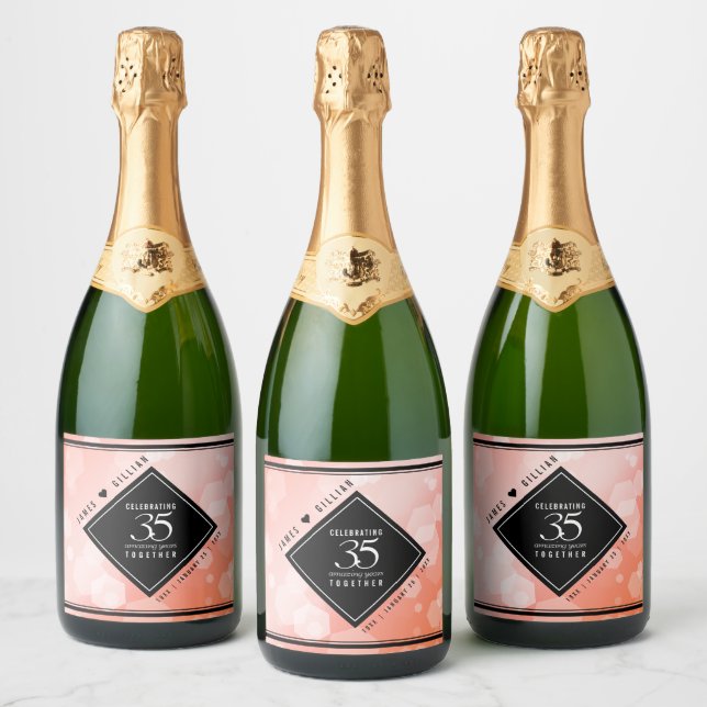 Elegant 35th Coral Wedding Anniversary Celebration Sparkling Wine Label (Bottles)