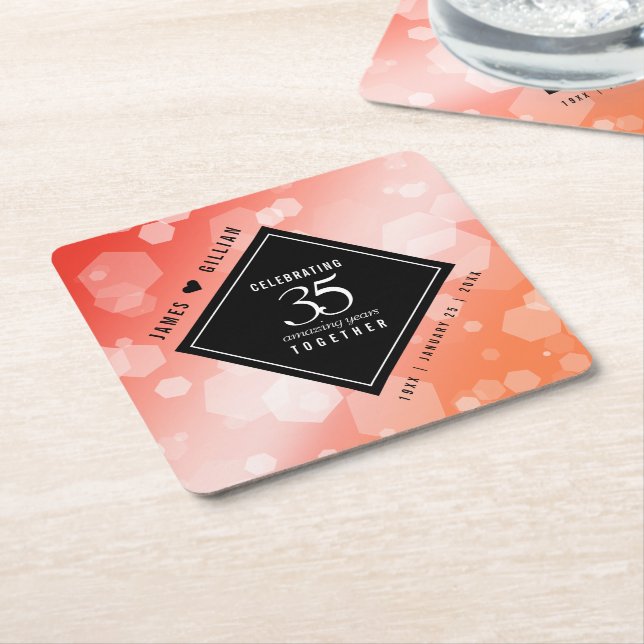 Elegant 35th Coral Wedding Anniversary Celebration Square Paper Coaster (Angled)