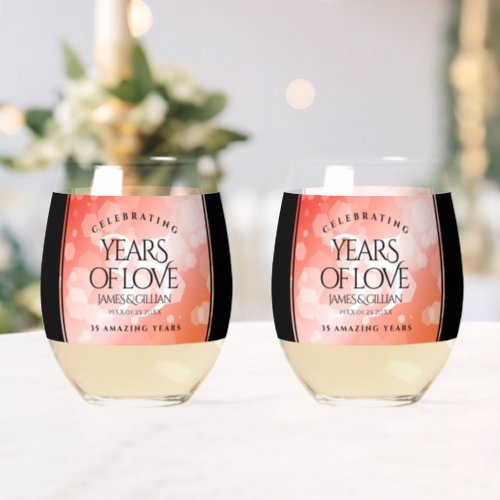 Elegant 35th Coral Wedding Anniversary Celebration Stemless Wine Glass