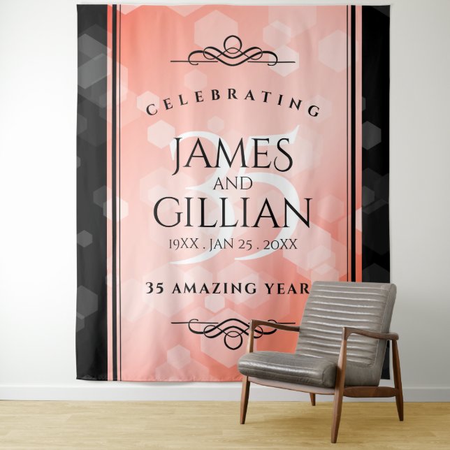 Elegant 35th Coral Wedding Anniversary Celebration Tapestry (In Situ)