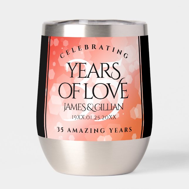 Elegant 35th Coral Wedding Anniversary Celebration Thermal Wine Tumbler (Back)