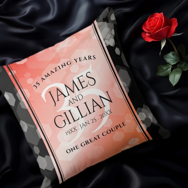 Elegant 35th Coral Wedding Anniversary Celebration Throw Pillow (EO 35th Wedding Anniversary Throw Pillow on Black Silk Cover Photo.)