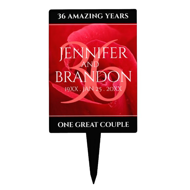 Elegant 36th Rose Wedding Anniversary Celebration Cake Topper (Front)
