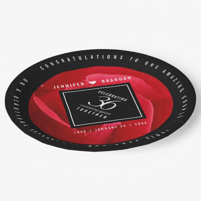 Elegant 36th Rose Wedding Anniversary Celebration Paper Plates (Angled)