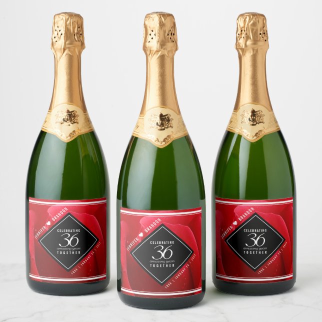 Elegant 36th Rose Wedding Anniversary Celebration Sparkling Wine Label (Bottles)