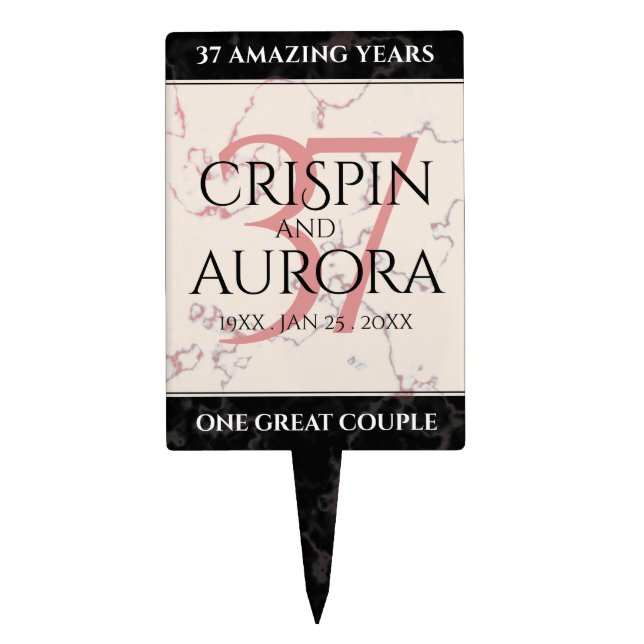 Elegant 37th Alabaster Wedding Anniversary Cake Topper (Front)