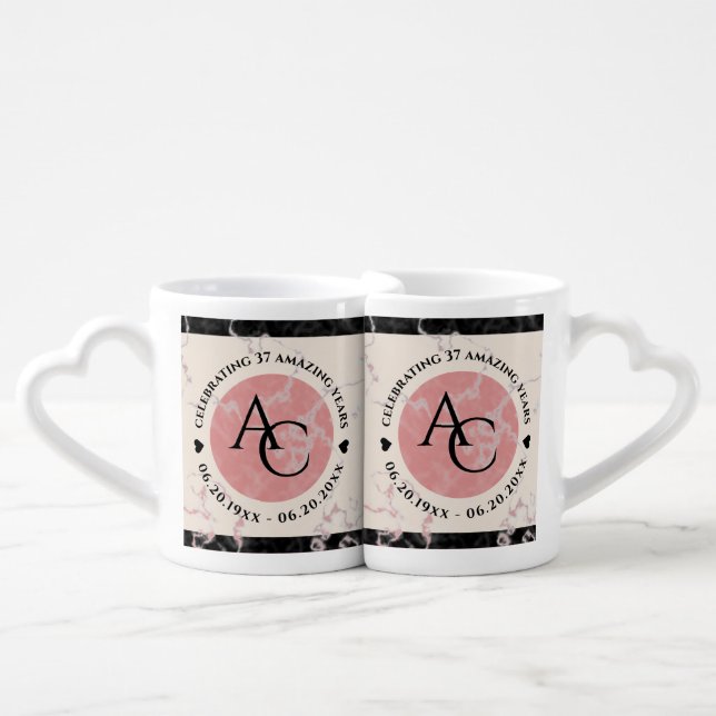 Elegant 37th Alabaster Wedding Anniversary Coffee Mug Set (Front Nesting)