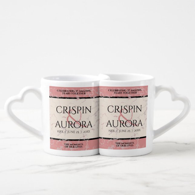 Elegant 37th Alabaster Wedding Anniversary Coffee Mug Set (Front Nesting)