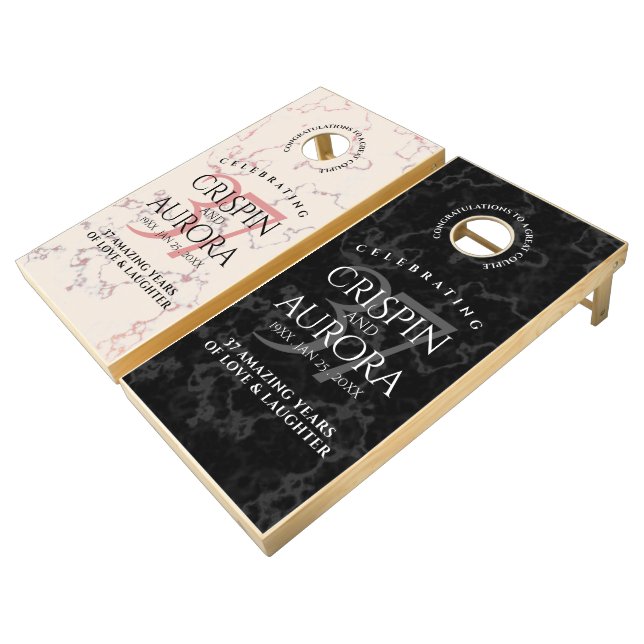 Elegant 37th Alabaster Wedding Anniversary Cornhole Set (Angled)