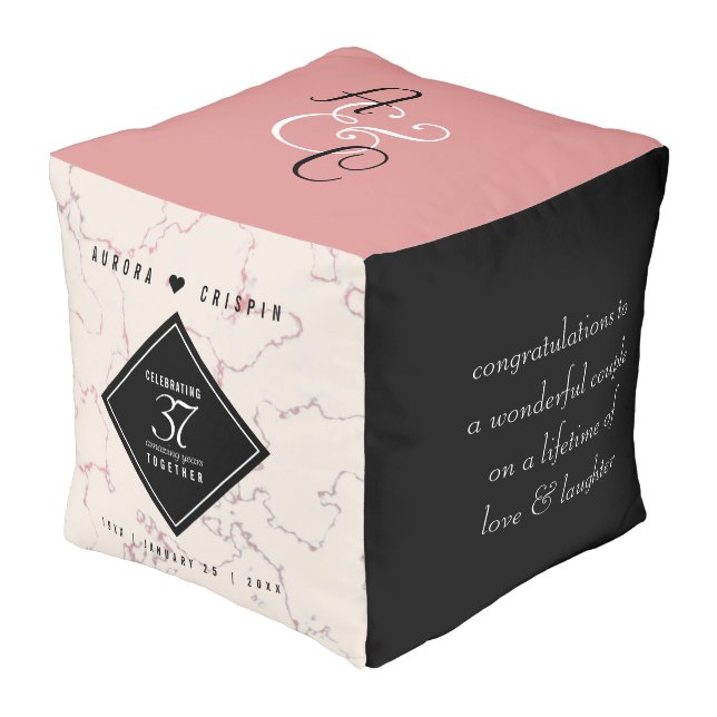 Elegant 37th Alabaster Wedding Anniversary Pouf (Angled Front)