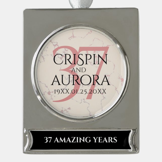 Elegant 37th Alabaster Wedding Anniversary Silver Plated Banner Ornament (Front)