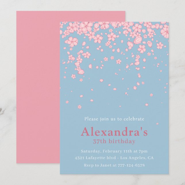 Elegant 37th birthday invitations Floral Pink Blue (Front/Back)
