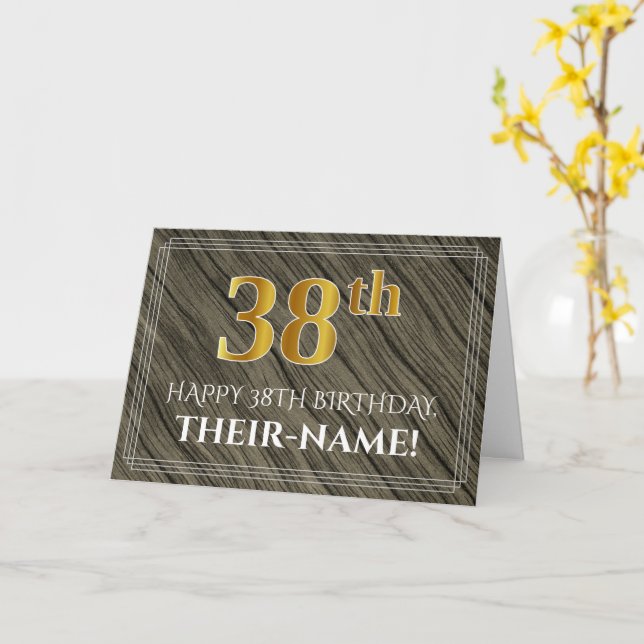 Elegant 38th Birthday: Faux Wood, Faux Gold Look Card (Yellow Flower)