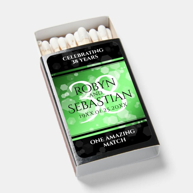 Elegant 38th Emerald Wedding Anniversary Matchboxes (Front Open)
