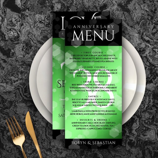 Elegant 38th Emerald Wedding Anniversary Menu (Elegant 38th Emerald Wedding Anniversary Menu Rack Card Cover Photo.)