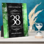 Elegant 38th Emerald Wedding Anniversary Plaque<br><div class="desc">Make the 38th emerald wedding anniversary an unforgettable celebration with this commemorative plaque! Elegant white lettering with hexagonal confetti on stylish emerald green and black backgrounds add a memorable touch for this special occasion and extraordinary milestone. Customize with couple's names and dates of marriage. Design © W.H. Sim. See more...</div>