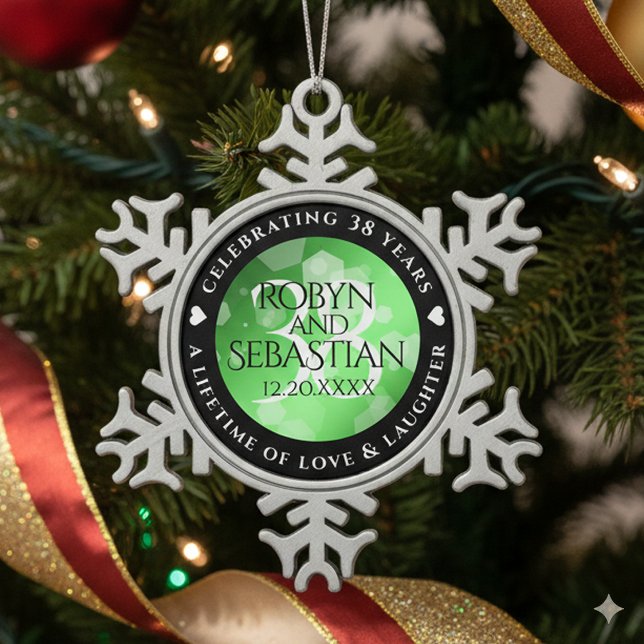 Elegant 38th Emerald Wedding Anniversary Snowflake Pewter Christmas Ornament (38th Emerald Wedding Anniversary Snowflake Pewter Ornament Cover Photo)