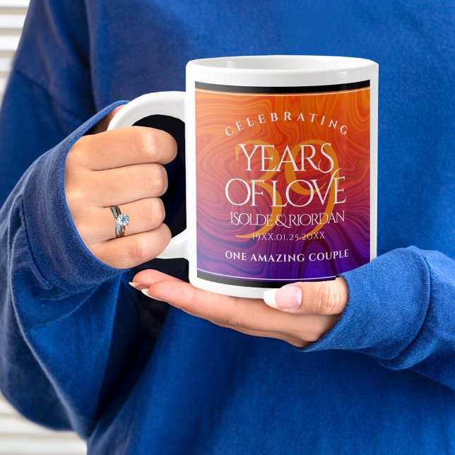 Elegant 39th Agate Wedding Anniversary Celebration Giant Coffee Mug (39th wedding anniversary jumbo mug held by woman sporting a wedding ring and blue sweatshirt.)