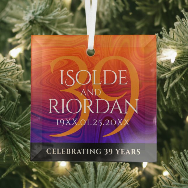 Elegant 39th Agate Wedding Anniversary Celebration Glass Ornament (Insitu)