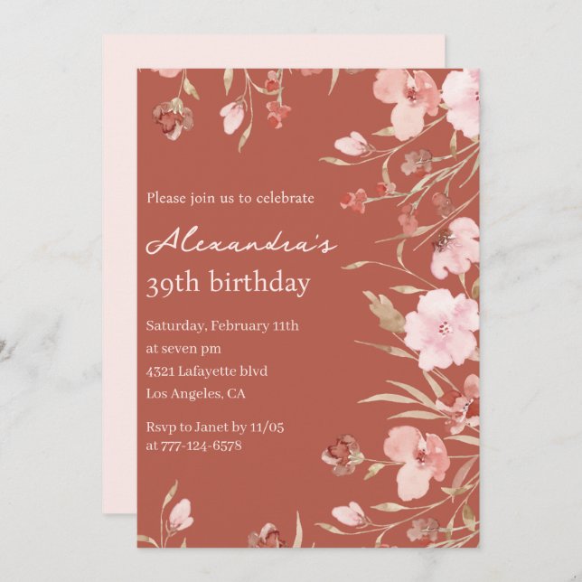 Elegant 39th birthday invitations Floral Chic  (Front/Back)
