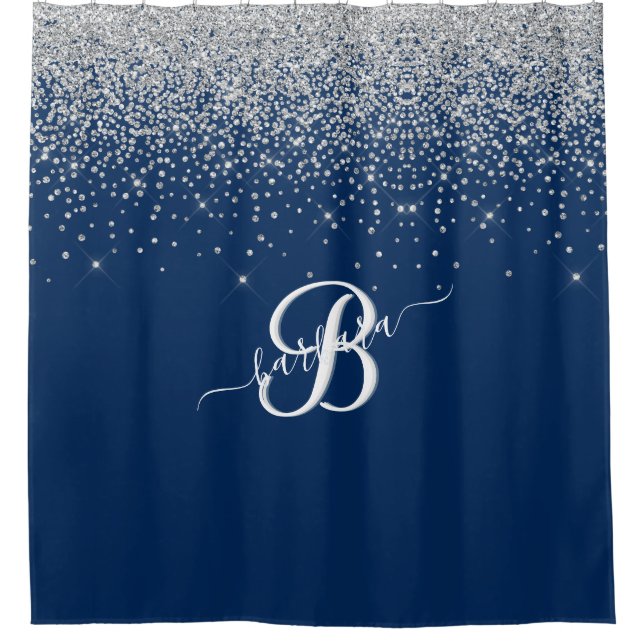 Elegant 3 Color Monogram Blue Silver Sparkle    Shower Curtain (Front)