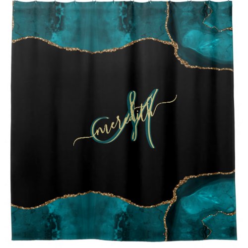 Elegant 3 Color Monogram Teal Black Gold  Shower Curtain