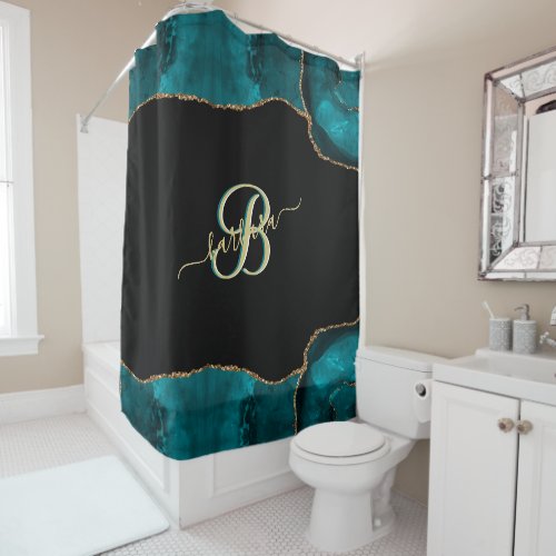 Elegant 3 Color Monogram Teal Black Gold wName Shower Curtain