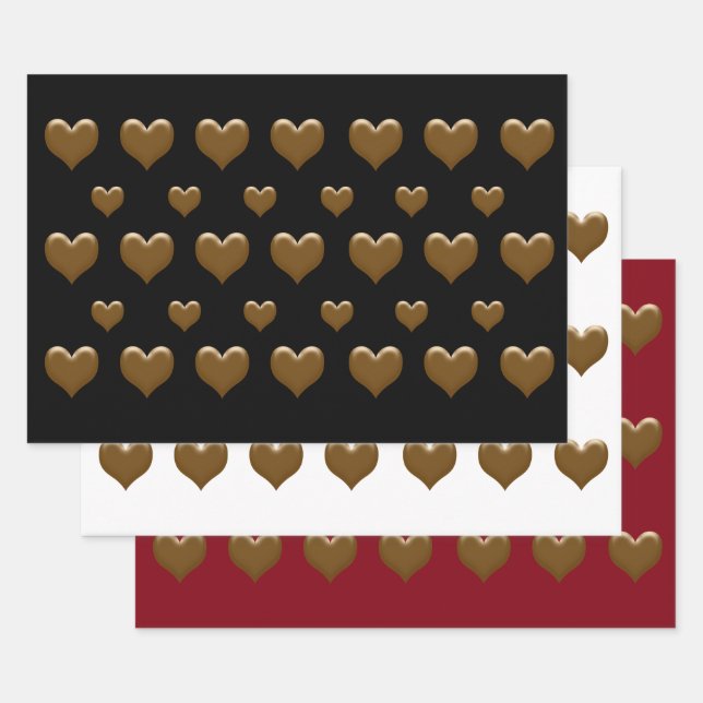Elegant 3 Colour Large Brushed Gold Hearts Wrapping Paper Sheets (Set)