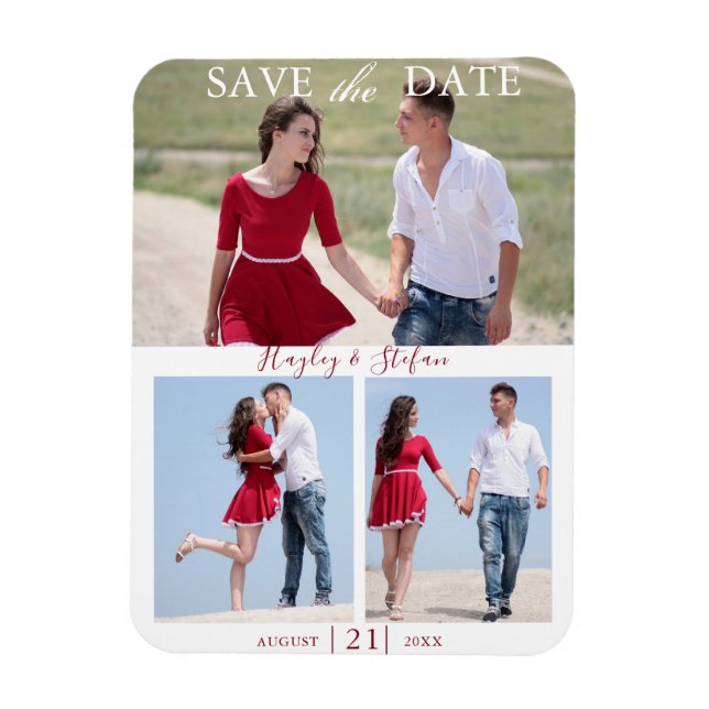 Elegant 3 Couple Photo Wedding Save The Date Magnet (Vertical)