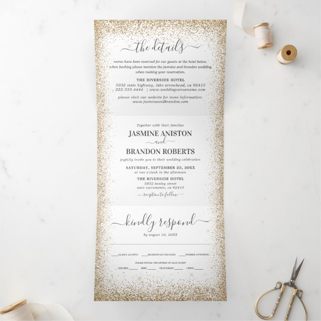 Elegant 3 in 1 Gold Glitter Wedding Tri-Fold Invitation (Inside)