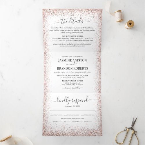 Elegant 3 in 1 Rose Gold Glitter Wedding Tri_Fold Invitation