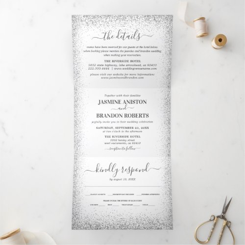 Elegant 3 in 1 Silver Glitter Wedding Tri_Fold Invitation