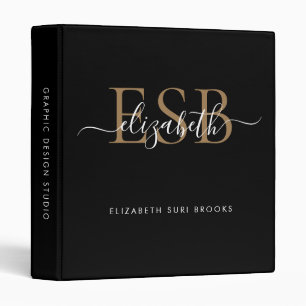 Elegant 3 Monogram Black Gold Script Office School Ring Binder