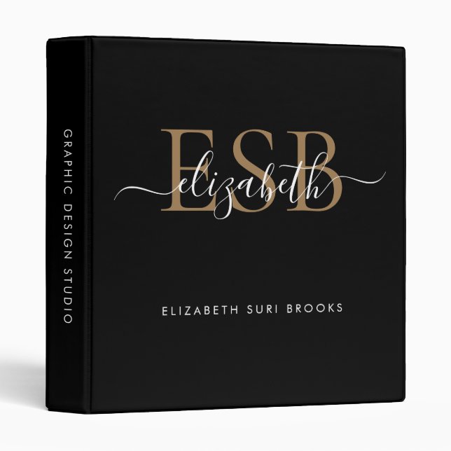 Elegant 3 Monogram Black Gold Script Office School Ring Binder (Front/Spine)