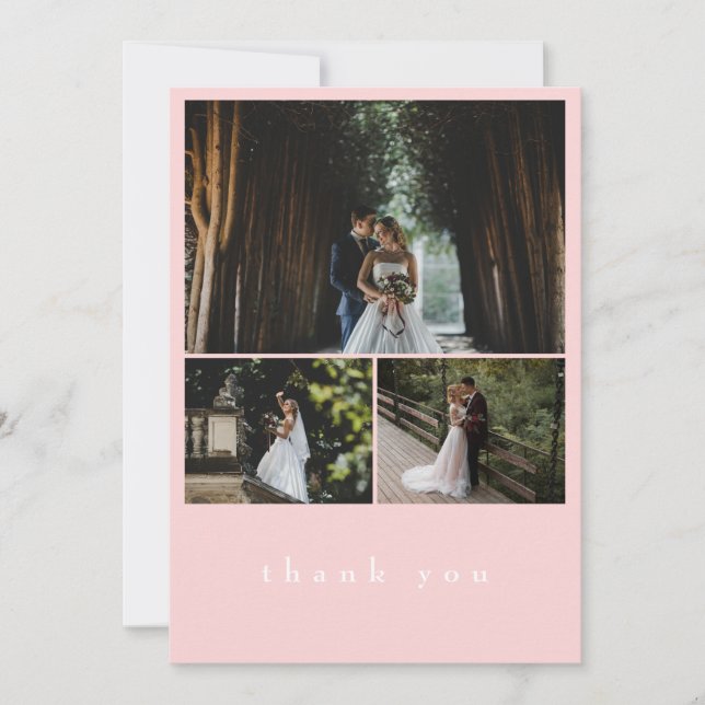 Elegant 3 Photo Blush Pink  Minimalist Wedding Thank You Card (Front)