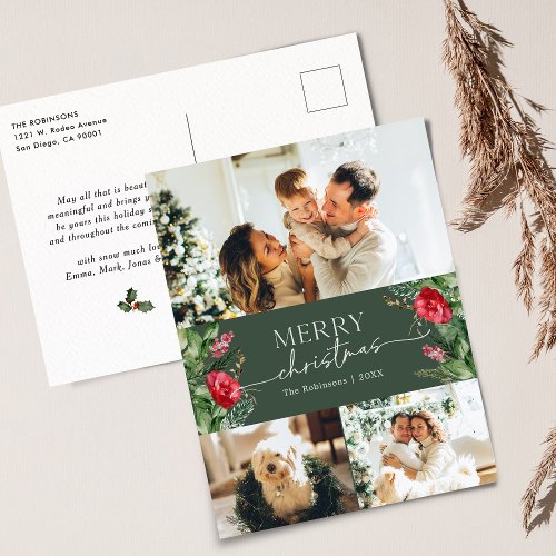 Elegant 3 Photo Botanical Merry Christmas Holiday Postcard