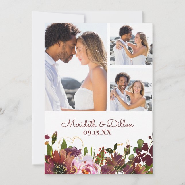 Elegant 3 Photo Burgundy Gold Blush Pink Floral Save The Date (Front)