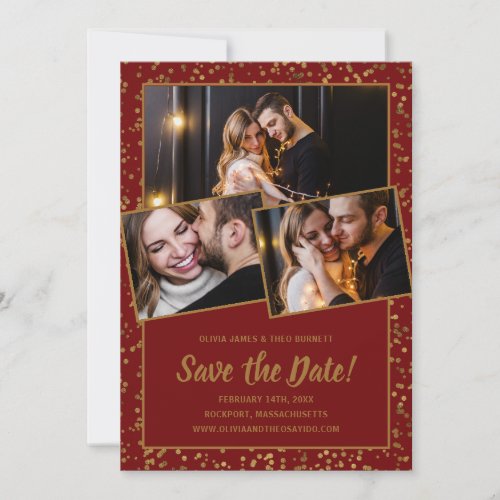 Elegant 3 Photo Burgundy Red Gold Save The Date