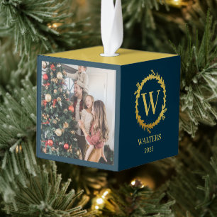 Elegant 3 Photo Christmas Family Monogrammed Cube Ornament