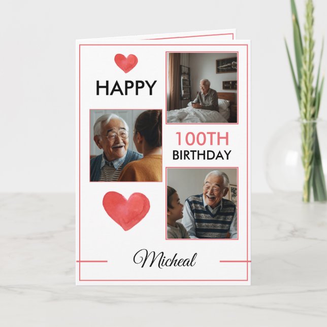 Elegant 3 Photo Collage 100th Birthday Card (Front)