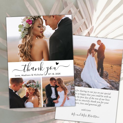 Elegant 3 Photo Collage Calligraphy Script Wedding Thank You Card