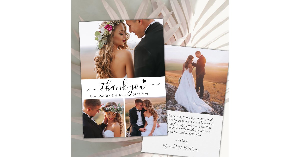 Elegant 3 Photo Collage Calligraphy Script Wedding Thank You Card | Zazzle