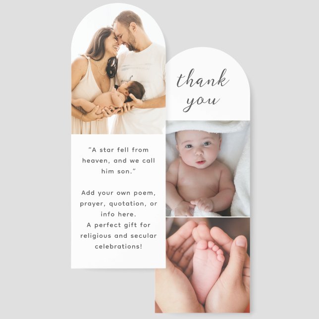 Elegant 3 Photo Collage Custom Text Baby Thank You Bookmarks (Front & Back)